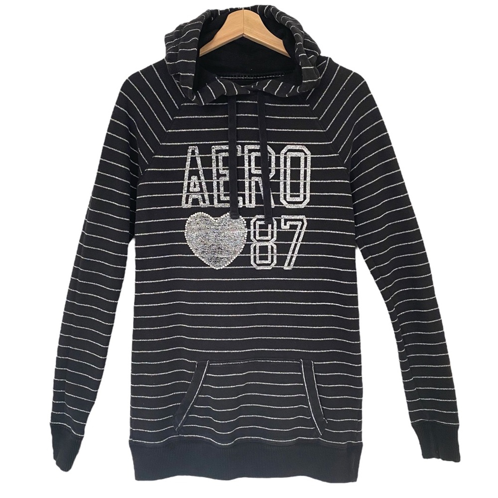 Aeropostale Medium Long Black Hoodie Pullover Silver Shimmer Stripes AERO 87